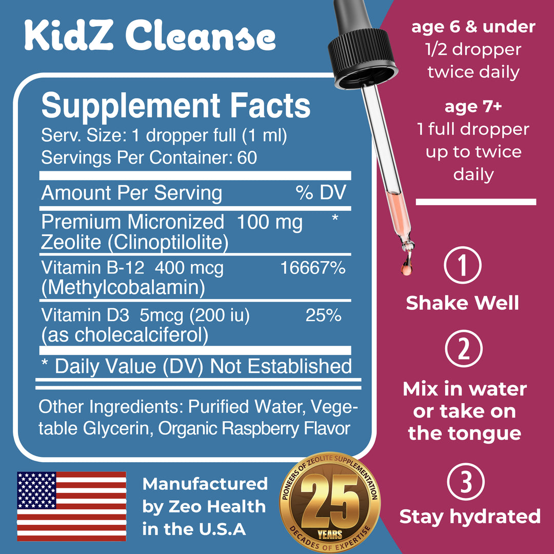 Kidz Cleanse | Zeolite Detox for Kids | Development, Behavior, Energy and Gut Health Support Supplement | Easy to Take, Pure Liquid Zeolite Drops + Methyl B12 + D3 - 2oz